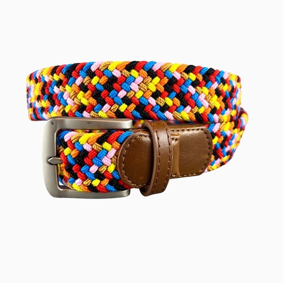 Woven Rainbow Multicolor Elastic Braided Belt Silver Buckle Brown Leather Trim - Picture 1 of 13